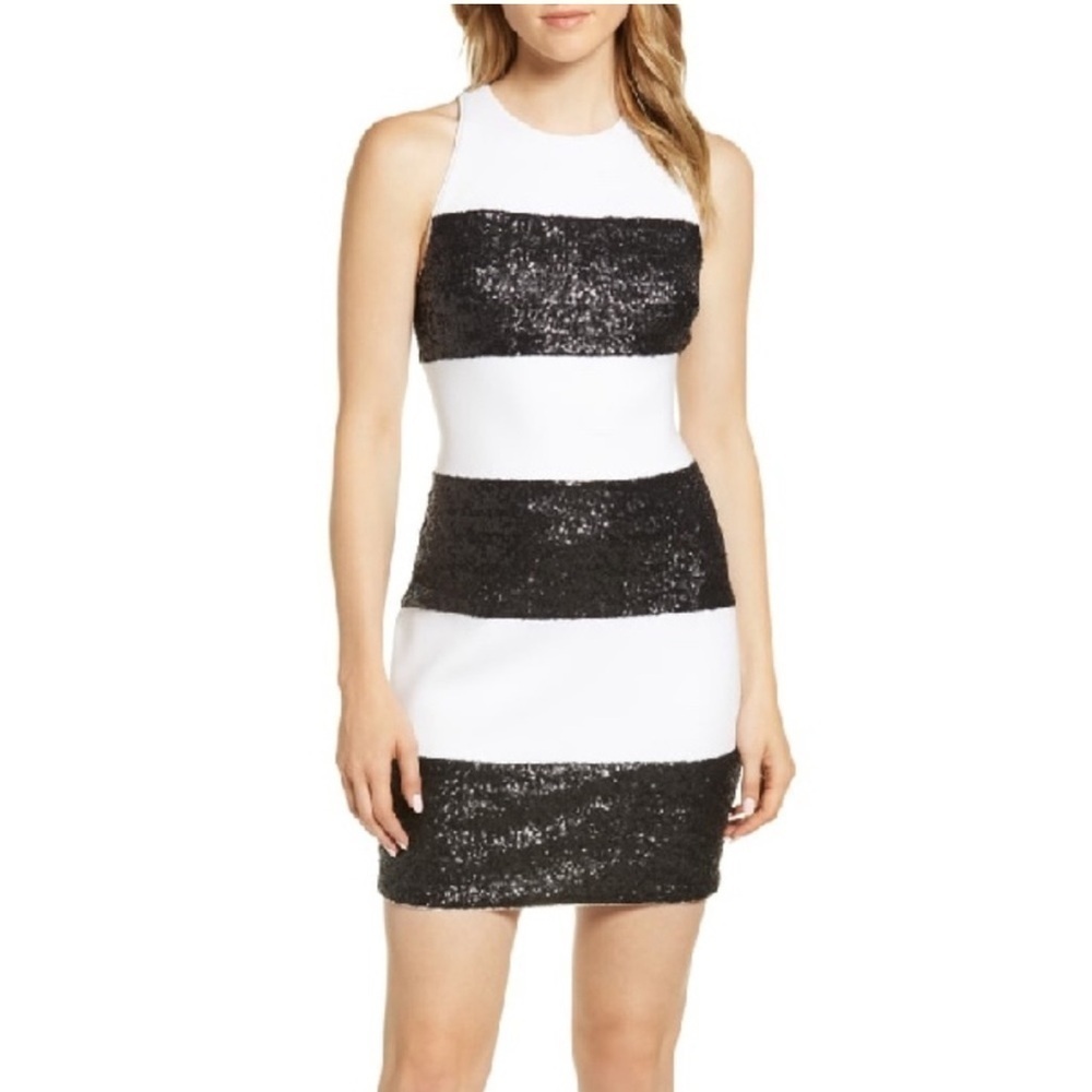 Bailey 44 Black & White Stripe Do The Hustle Sequin Bodycon Mini Dress Medium